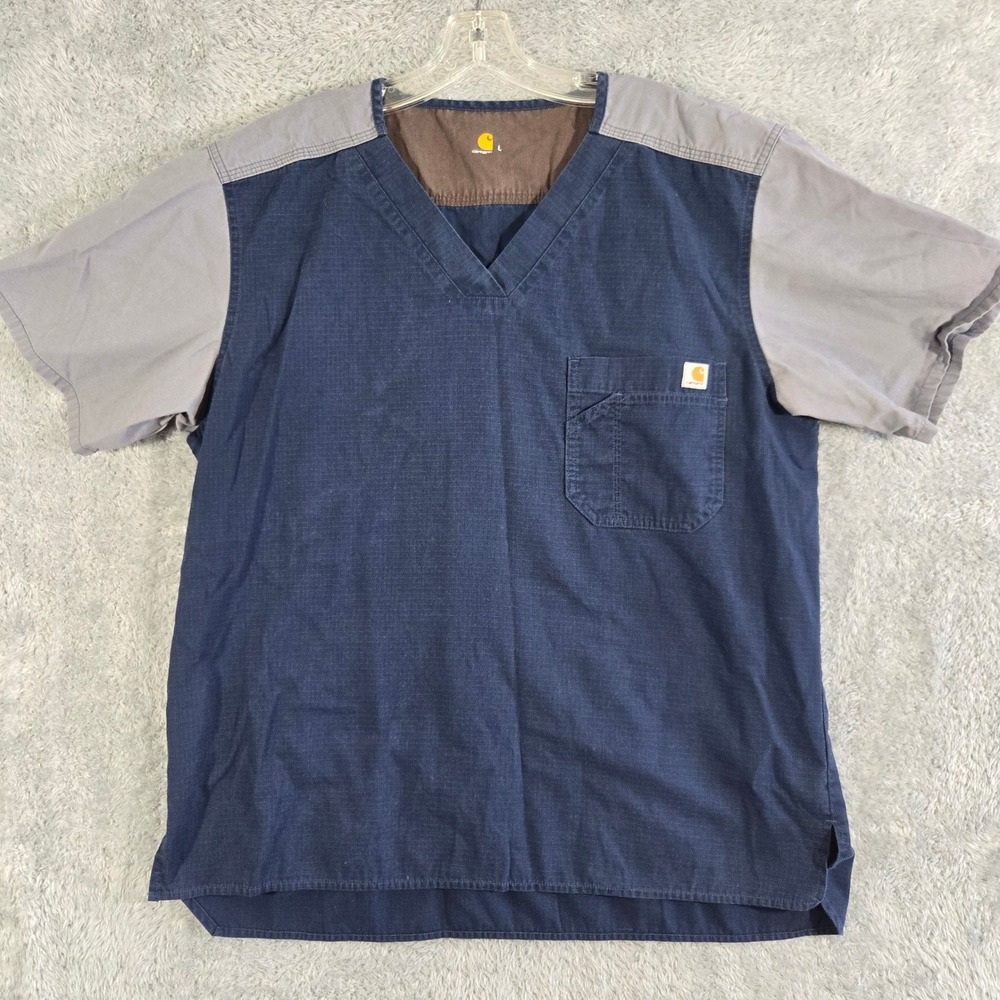 Carhartt Mens Ripstop Scrub Top Navy Blue Grey V-Neck Pocket Large